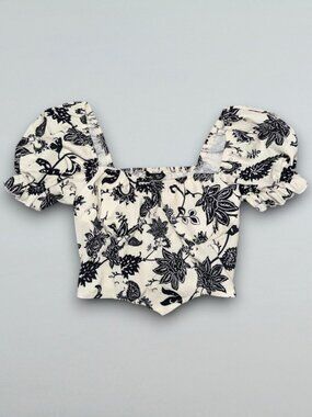 Floral Smocked Crop Top Puff Sleeve Square Neck Black Cream Womens S